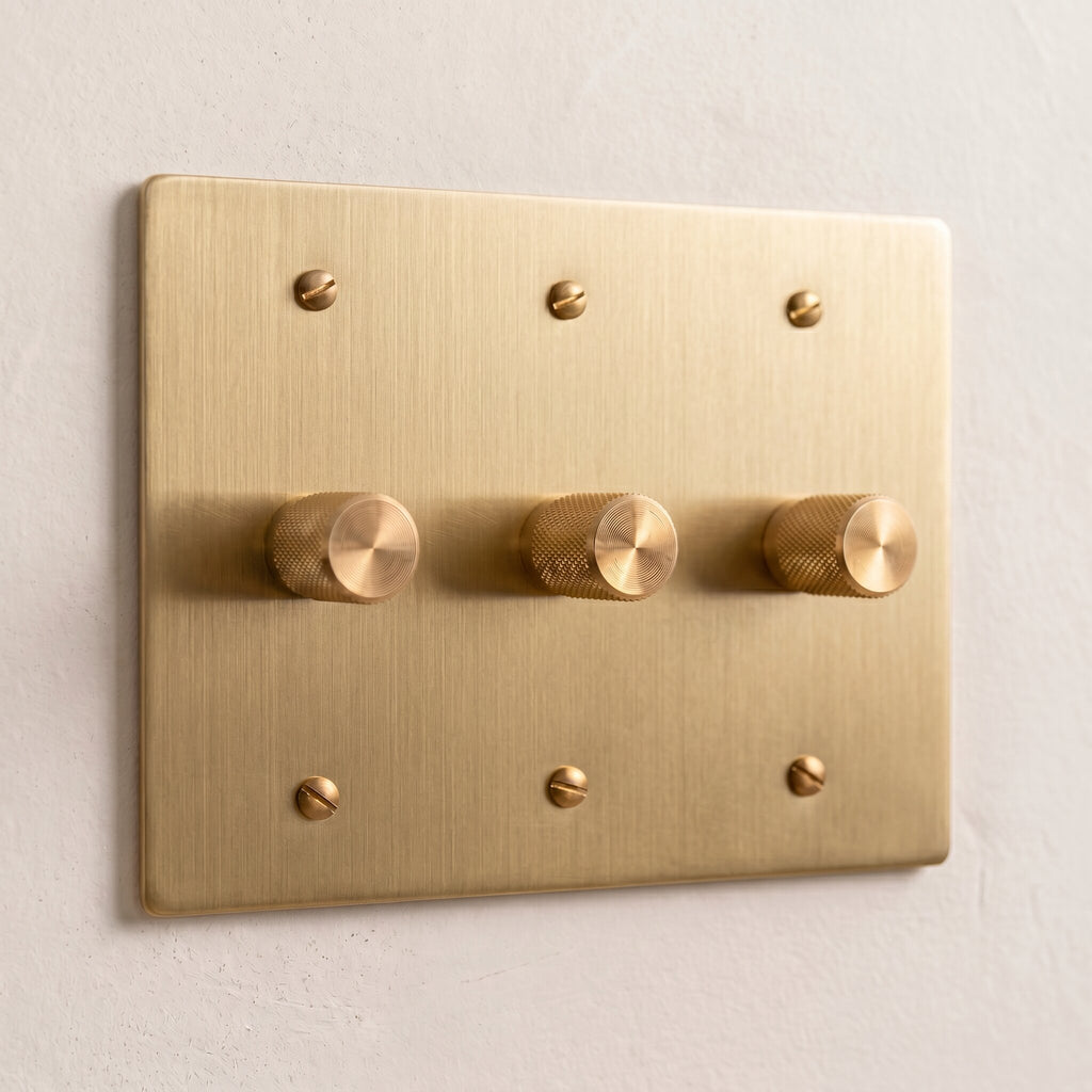 3-Gang Solid Brass Knurled Rotary Dimmer Light Switch