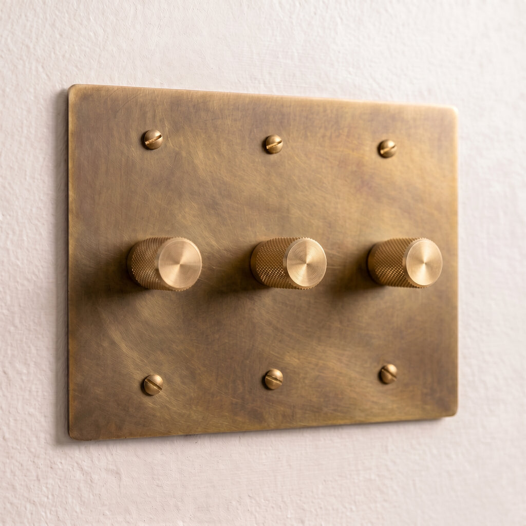3-Gang Solid Brass Knurled Rotary Dimmer Light Switch