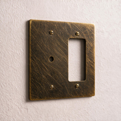 2-Gang Brass Dimmer + Outlet Wall Plate (Rotary + Decorator)