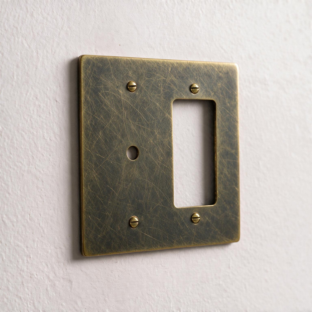 2-Gang Brass Dimmer + Outlet Wall Plate (Rotary + Decorator)