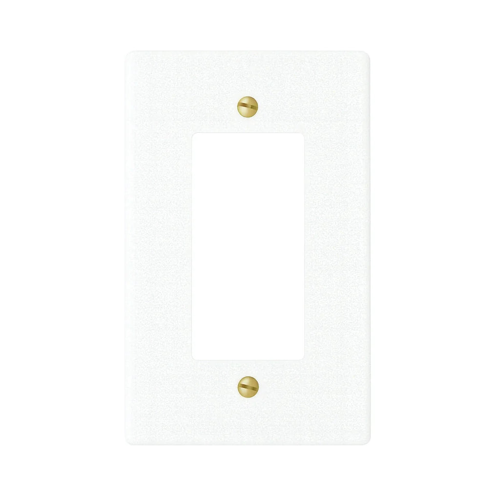 White decorator wall plate / outlet cover with warm brass accent details