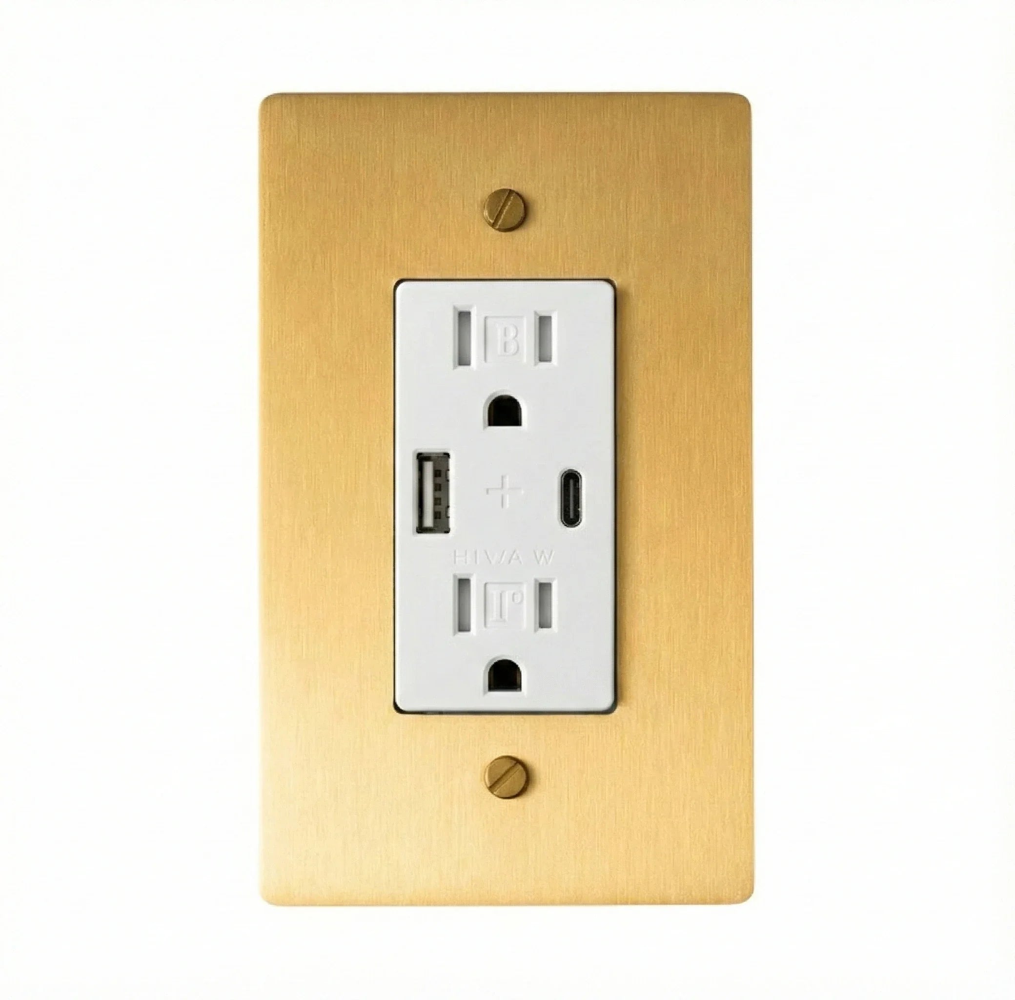 Wall outlet with USB ports on a gold plate against a white background