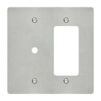 2-gang wall plate in brushed stainless steel finish, rotary dimmer plus decorator outlet opening