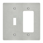 2-gang wall plate in brushed stainless steel finish, toggle plus decora outlet opening