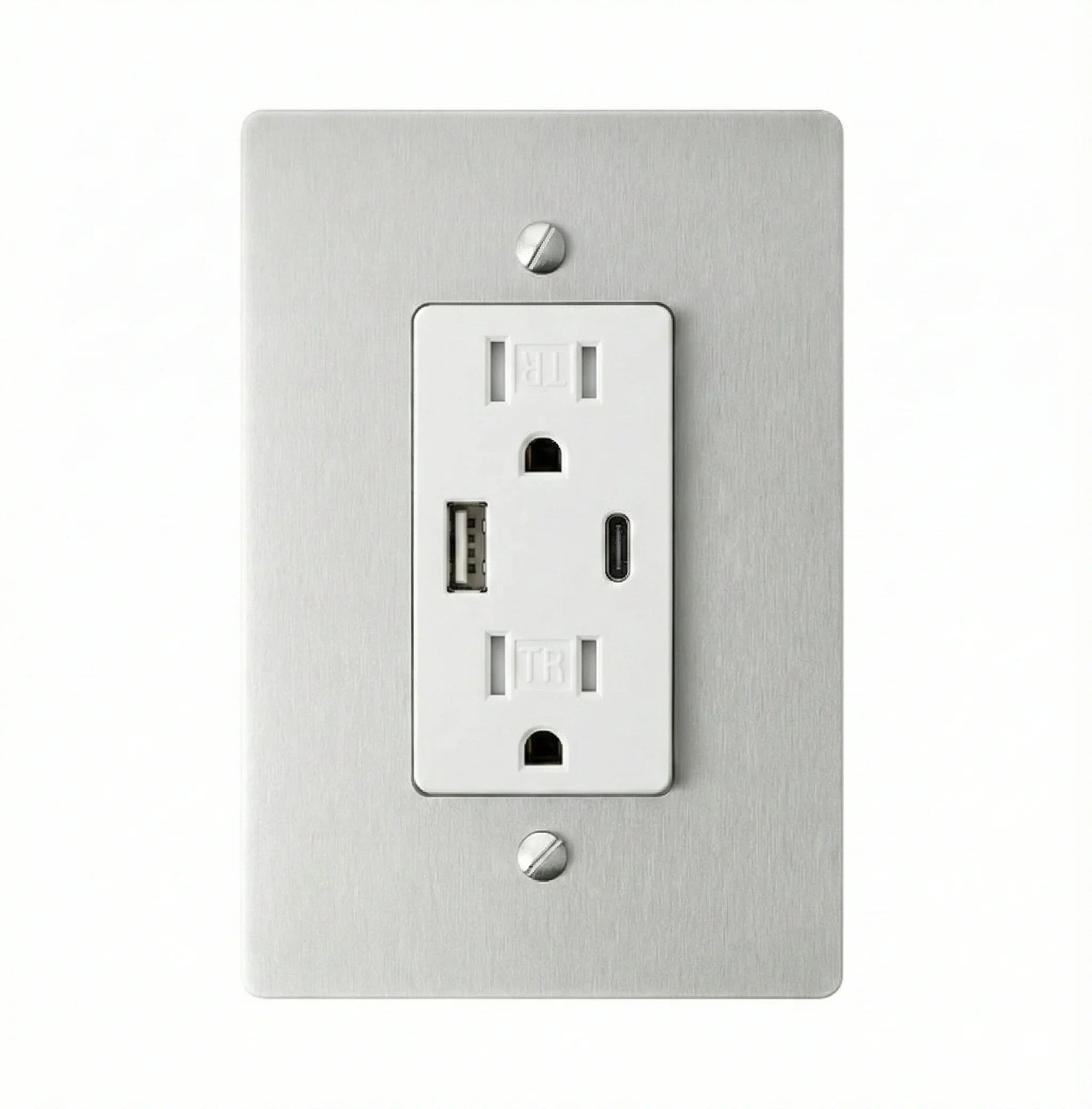 Wall outlet with USB and electrical plug sockets on a white background