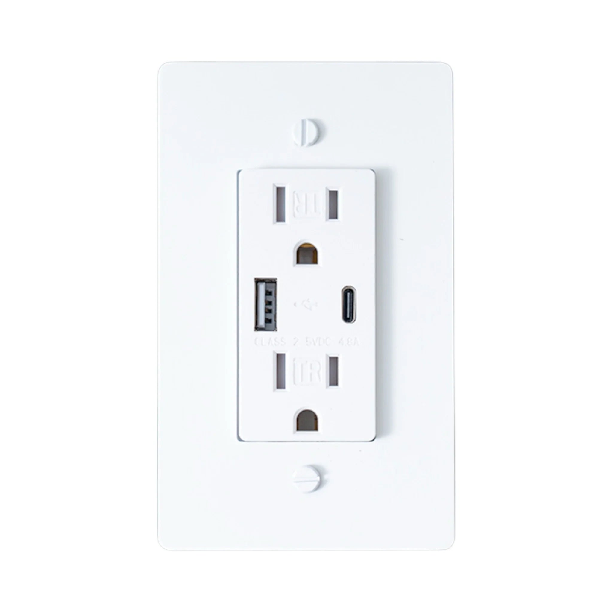 White wall outlet with USB ports on a white background